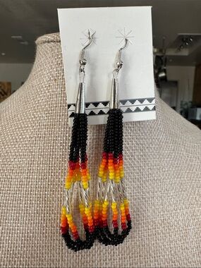 Handmade Indigenous Beaded Tassel Earrings - Black, Red, Orange & Yellow